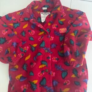 Vintage Oshkosh Girls Child’s Fleece Pullover Red Blue Yellow Leaf Print Sz 6x